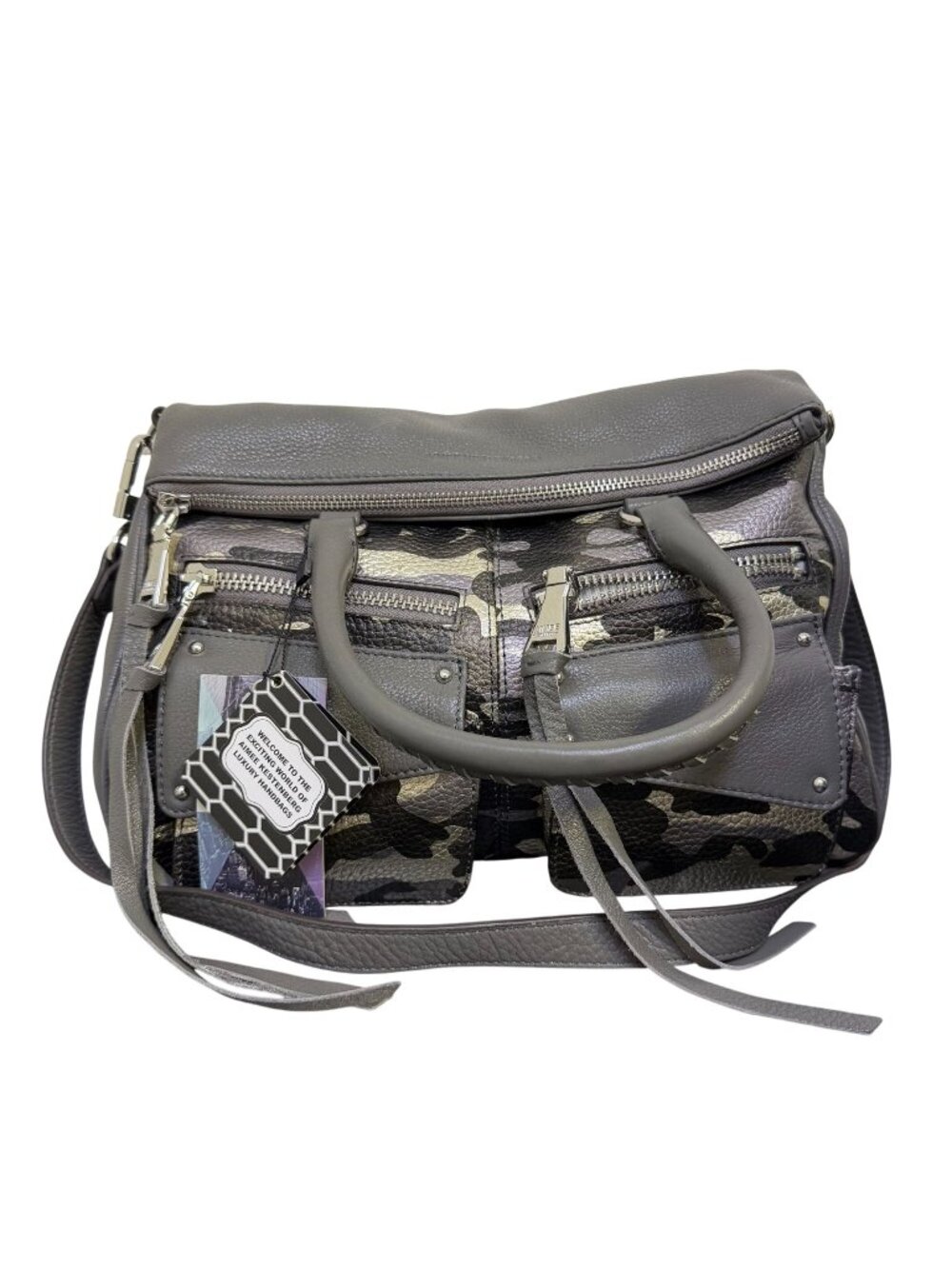 NWT Aimee Kestenberg Gray Leather Camouflage Tote With Top Handles